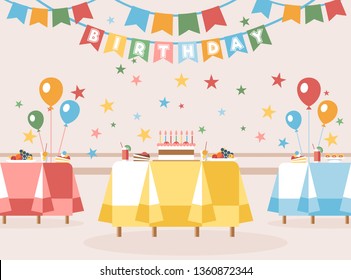 Vector Illustration is Written Birthday Cartoon. Catering for Childrens Holiday. Room is Decorated with Balloons and Flags. Themed Decor Tables. Confectionery for Children and Adults.