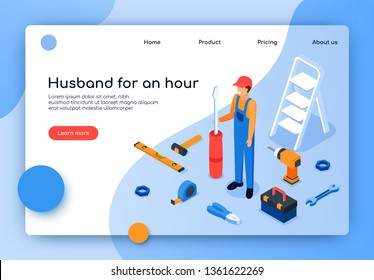 Vector Illustration is Written Husband for an Hour. Joyful Man in Working Clothes Holding Screwdriver. Services Carpenter, Electrician, Plumbing. Call  Master on House for Small Household Repairs.