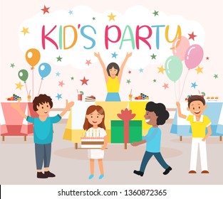 Vector Illustration is Written Kids Party Cartoon. Equipment for Childrens Activities Catering. Boys and Girls Play and Laugh Together. Children Having Fun Party, Blowing out Candles.