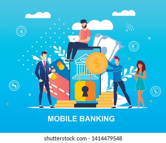 Vector Illustration Written Mobile Banking Flat. Men and Women Use an Online Banking Application in Electronic Devices. People Enjoy Simplicity and Accessibility Banking Application.