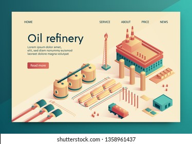 Vector Illustration is Written Oil Refinery Slide. Large Industrial Complex, for Purification Crude Oil. Refining Process During which Divided into main Fractions. Pipeline for Distance Transmission.