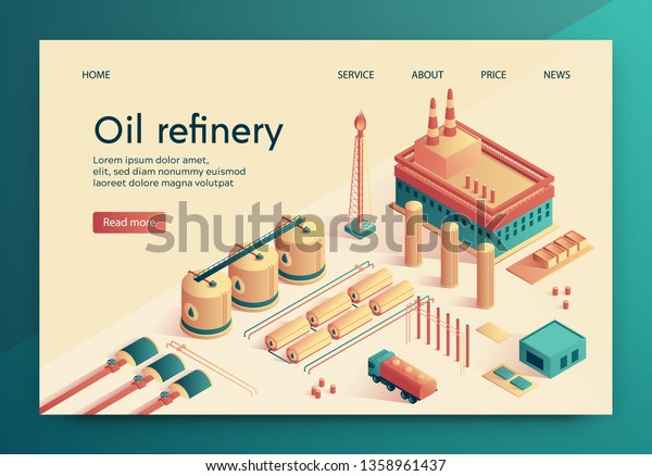 Vector Illustration is Written Oil Refinery\
Slide. Large Industrial Complex, for Purification Crude Oil.\
Refining Process During which Divided into main Fractions. Pipeline\
for Distance\
Transmission.