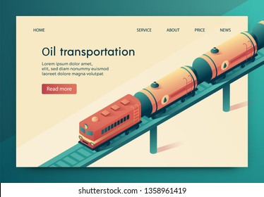 Vector Illustration is Written Oil Transportation. Attached to Train Fuel Tanks by Rail. Delivery Crude Oil and Petroleum Products by Rail. Transportation System Petroleum Products.