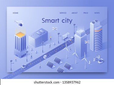 Vector Illustration Written Smart City Isometric. Use Natural Alternative Energy. Solar Panels Windmills Among Buildings City. Energy and Health Care,  Modern Construction, Public Life.