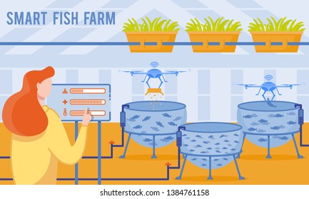 Vector Illustration is Written Smart Fish Farm. Farm Includes Car Feeders and Feed Loaders, Water Parameters Sensors, Ozonizers, Biofilters and Oxygen Generators. Woman Programs Fish Farm Equipment.