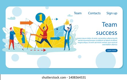 Vector Illustration is Written Team Success Flat. Man in Casual Wear Reaches Finish Line First. Winner Race Thinks about Prize and Awards. People Applaud Winner. Success Business and Growth Company.