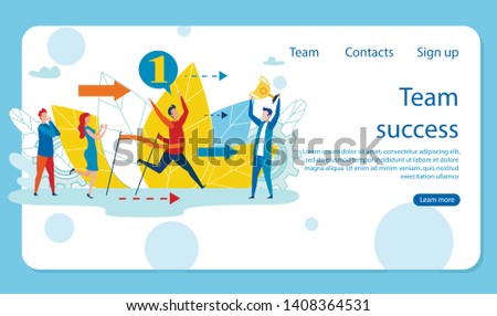 Vector Illustration is Written Team Success Flat. Man in Casual Wear Reaches Finish Line First. Winner Race Thinks about Prize and Awards. People Applaud Winner. Success Business and Growth Company.