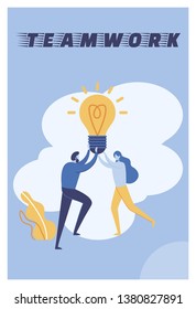 Vector Illustration is Written Teamwork Cartoon. Man and Woman Hold Together Burning Lamp. Motivation Gives you Power and Energy to Reach your Goal. Teamwork on Troubleshooting Flat.