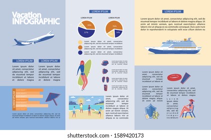 Vector Illustration Written Vacation, Infographic. Plane and Pleasure Liner Transport Tourists. People Play and Relax Beach by Pond. Woman Swimsuit Sitting Deck Chair, Girl Holding Surfboard.