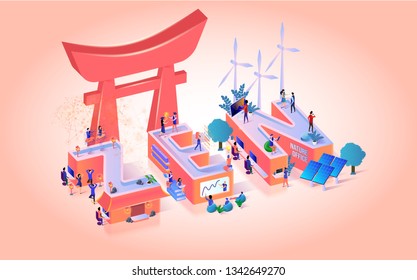 Vector Illustration Written Zen on Pink Background. Happy Small People in Middle Large Letters are Engaged in Meditation in Modern Work Space. White Wind Turbines Next to Hieroglyph.