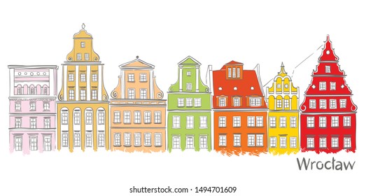 Vector illustration of Wroclaw, Poland. Sketch of European architecture. Facades. Seamless banner with building facades. Flat vector illustration in cute style.