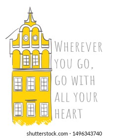 Vector illustration of Wroclaw, Poland. Sketch of European architecture. Facade. Travel quote.