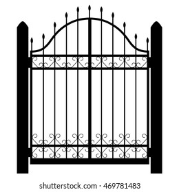 Vector illustration wrought iron modular railing and fence. Vintage gate with swirls. Fence silhouette isolated decorative shape. Architecture gate and fence objects