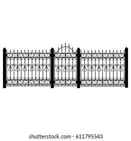Vector illustration wrought iron modular railing and fence. Vintage gate with swirls. Black forged fence