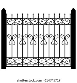 Vector illustration wrought iron modular railing and fence. Vintage gate with swirls. Black forged fence