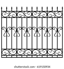 Vector illustration wrought iron modular railing and fence. Vintage gate with swirls. Black forged fence