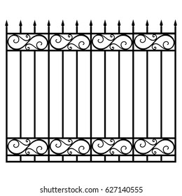 Vector Illustration Wrought Iron Modular Railing And Fence. Vintage Gate With Swirls. Black Forged Lattice Fence