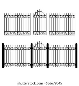 Vector illustration wrought iron modular railing and fence. Vintage gate with swirls. Black forged lattice fence