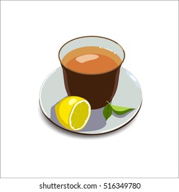 Vector illustration wth cup of aromatic tea, lemon and leaves on white background