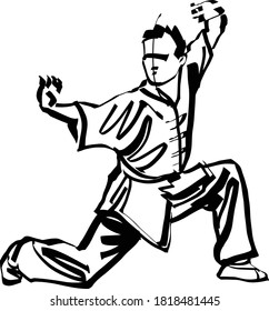 The vector illustration of the wu shu fighter