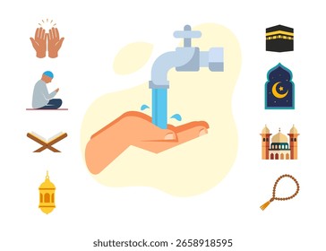 Vektorgrafik eines Wudu-Symbols im flachen Stil. Stockgrafik der Gebetssymbole des muslimischen Islam.