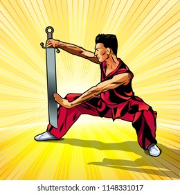 Vector illustration.  Wushu or KunfFu with sword. The technique of the sword
