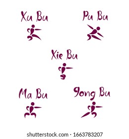 Ilustración vectorial de las principales posturas de wushu con iconos de combate para banner, logo, diseño de publicidad e impresión. Texto escrito a mano para el club deportivo de Wushu, evento, competencia, folleto