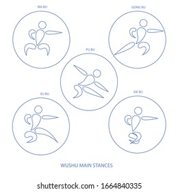 Ilustración vectorial de las principales siluetas de wushu con texto para banner, logo, diseño de publicidad e impresión. Iconos azul redondo de arte en línea para el club deportivo de Wushu, evento, competición, folleto