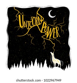 Vektorgrafik mit Blitz, Mond, Kiefernwald und dem Einhorn. Lettering Text - Einhorn Power. Typografie-Poster mit Zaubertier