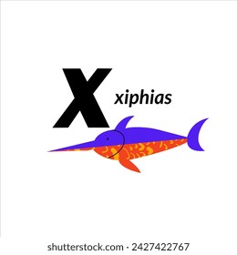 Vector illustration with xiphias fish and English capital letter X. childish alphabet for language learning	
