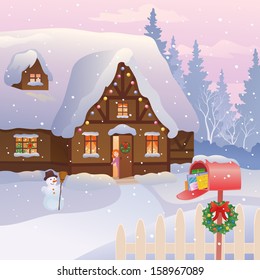 Vector illustration of a xmas cottage with a full mailbox and a little girl at the door