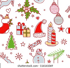 Vector illustration of Xmas objects seamless pattern