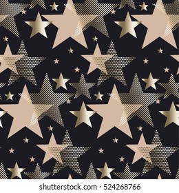 vector illustration xmas seamless pattern for wrapping paper. abstract background with gold stars for Christmas and New year banners, on black background. 