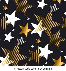 vector illustration xmas seamless pattern for wrapping paper. abstract background with gold stars for Christmas and New year banners, on black background. 