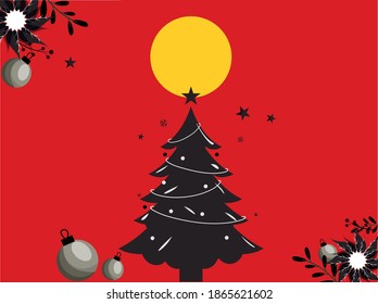 Vector Illustration Of Xmas Tree With Baubles, Poinsettia Flowers And Full Moon On Red Background.