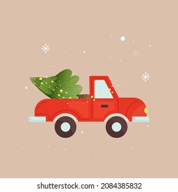 Ilustración Vectorial Del Árbol De Navidad En Camión De Recogida.