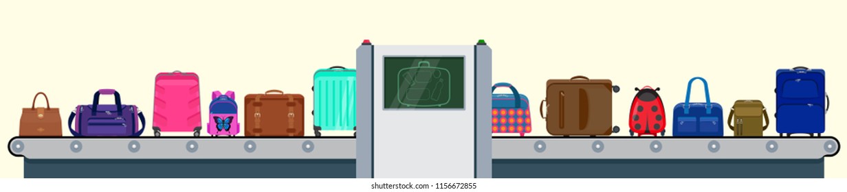 Vector illustration: x-ray scanner in airport terminal. Set of suitcases. Luggage checking with police illustration. Baggage conveyor  with different bags. Conveyor line with passenger baggage.