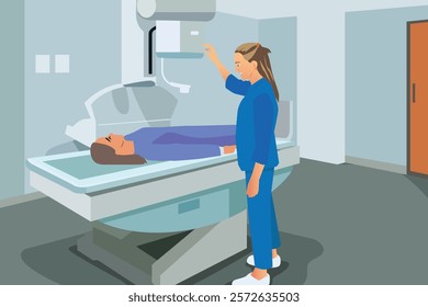 A vector illustration of X-Ray Technician Working on a Patient in Hospital 