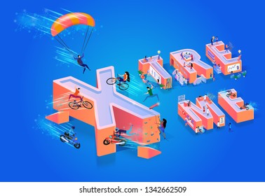 Vector Illustration Xtreme on Blue Background. Small People Among Large Letters are Engaged in Extreme Sports.
Man Descending on Red Parachute. Young Girls and Boys Ride Motorcycle and Bicycle.