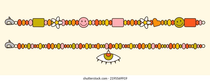 Vektorgrafik von y2k Perlen Schoker mit duftenden Blumen, Herzen, lächelnden Gesichtern und Auge. Cartoon-Degustationsschmuck. Farbiges Armband. Trendsetter-Symbol für alte Schulen