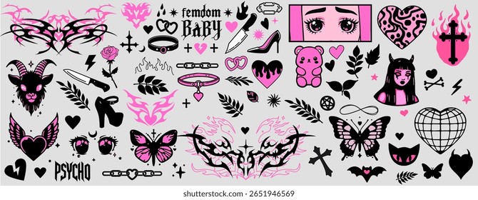 Ilustração vetorial em estilo de tatuagem Y2K e grunge, combina motivos góticos, fofos e edgy. As cores principais são rosa, preto e branco, com corações, borboletas, cruzes, chamas, olhos, etc.