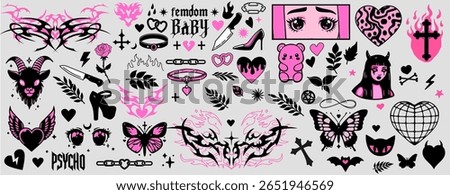 Vector illustration in Y2K and grunge tattoo style, combines gothic, cute, and edgy motifs. Main colors are pink, black, and white, featuring hearts, butterflies, crosses, flames, eyes, etc.