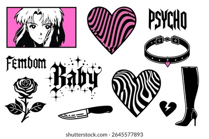 Ilustração vetorial em estilo pop-art Y2K com cores negras pretas e cor-de-rosa, apresentando a garota do anime, saltos altos, faca, colar, corações, chama e texto gótico. Popular Alt adesivos estéticos.