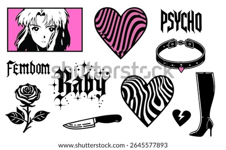 Vector illustration in Y2K pop-art style with bold black and pink colors, featuring anime girl, high heels, knife, collar, hearts, flame, and gothic text. Popular Alt aesthetic stickers.