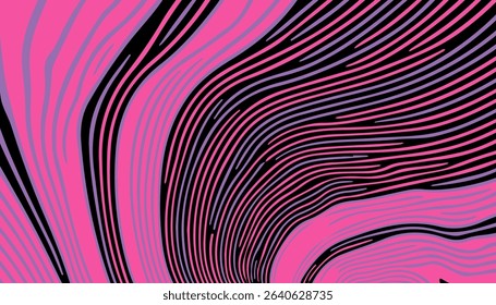 Vector illustration in Y2K style showcases abstract wavy stripes in neon pink and purple on a dark background. The flowing lines and vibrant colors create a modern, bold, and trendy look.