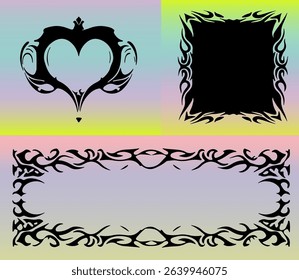 Vector illustration in Y2K tribal style: three ornate black frames with sharp, flame-like motifs on gradient backgrounds in pink, yellow, blue, and lilac. 