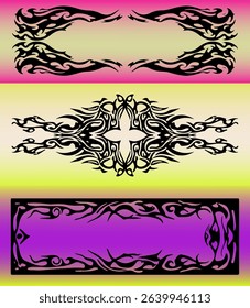 Vector illustration in Y2K tribal style: three ornate black frames with sharp, flame-like motifs on gradient backgrounds in pink, yellow, blue, and lilac. 