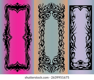 Vector illustration in Y2K tribal style: three ornate black frames with sharp, flame-like motifs on gradient backgrounds in pink, orange, blue, and lilac. 