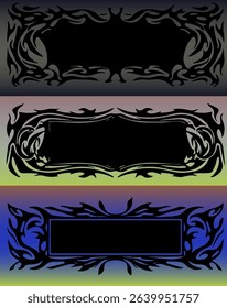 Vector illustration in Y2K tribal style: three ornate black frames with sharp, flame-like motifs on gradient backgrounds.