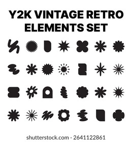 Vector illustration of Y2K vintage design elements including nostalgic 2000s icons, holographic visuals, stickers, and chrome-style graphics.
